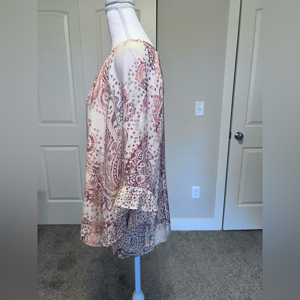 Paisley Ruffle Bell Sleeve Lined Tie Strings Sz Medium Boho Coastal Cowgirl - Picture 5 of 12
